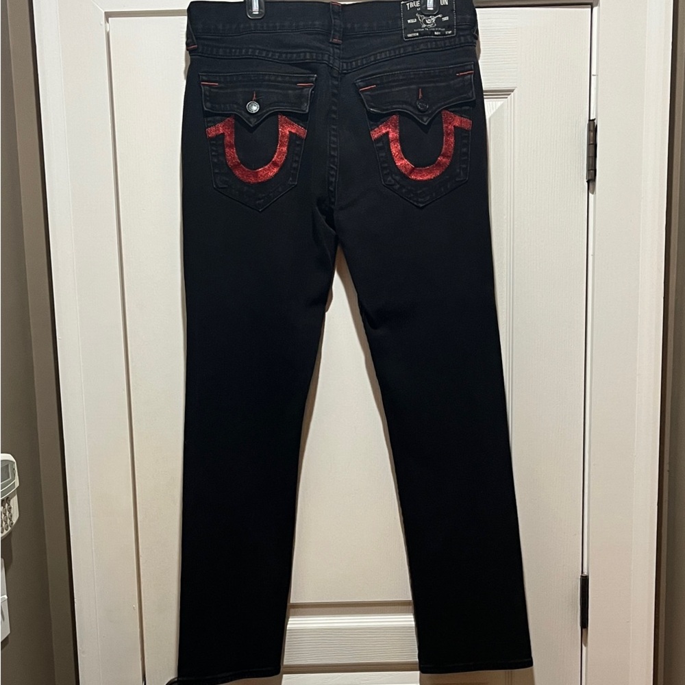 True Religion Men's Black Jeans with Red Details